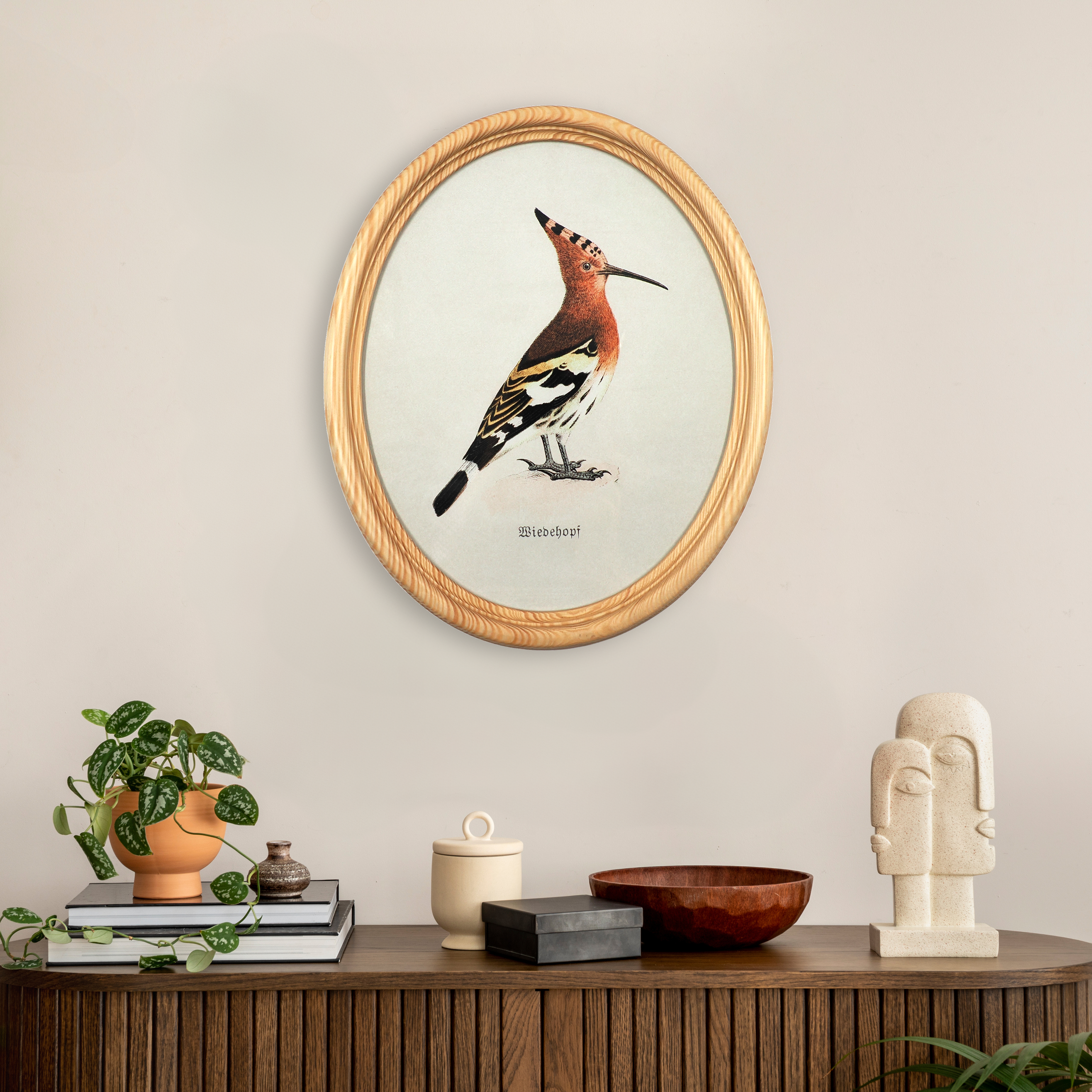 Eagle owl poster in a wooden oval frame