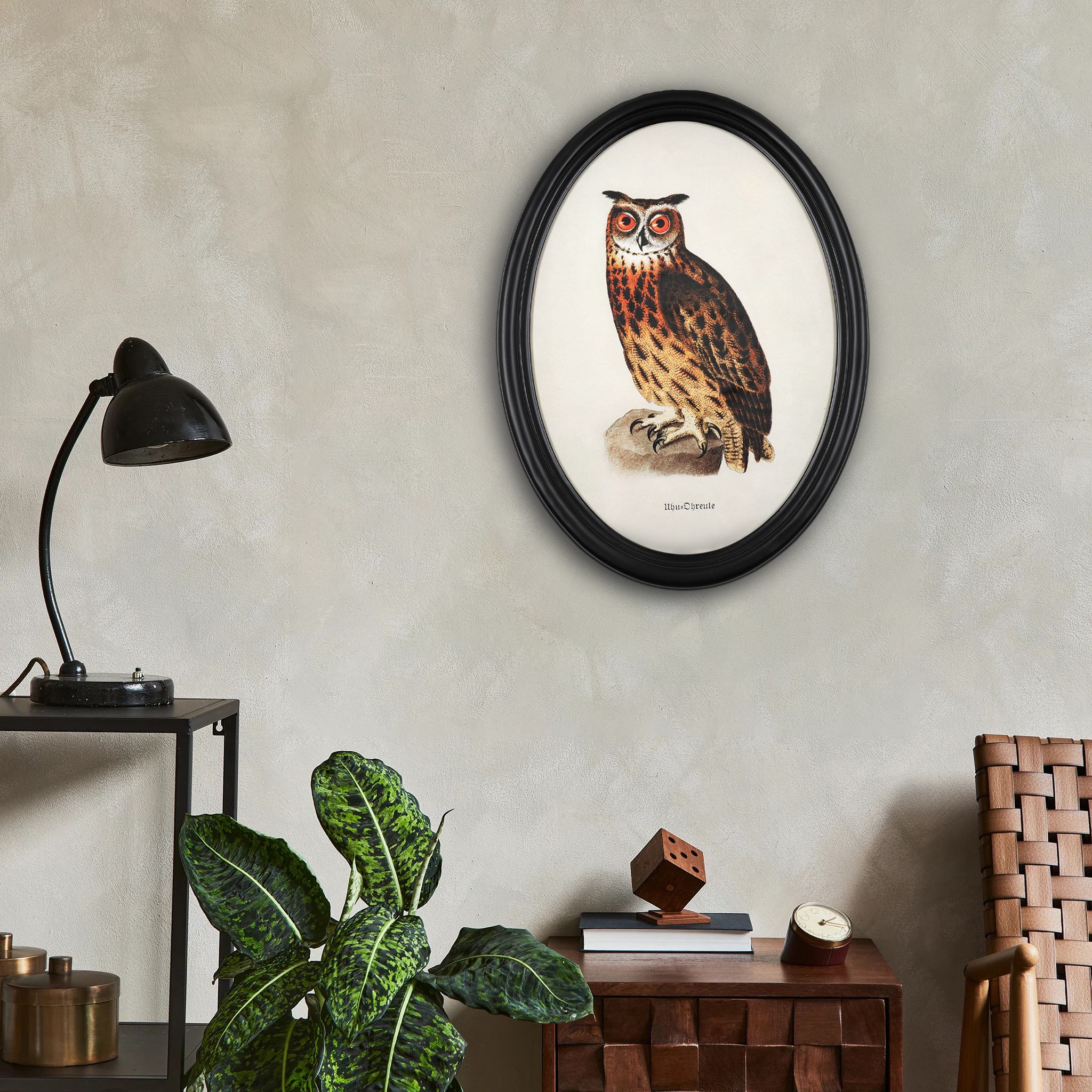 Eagle owl poster in a wooden oval frame